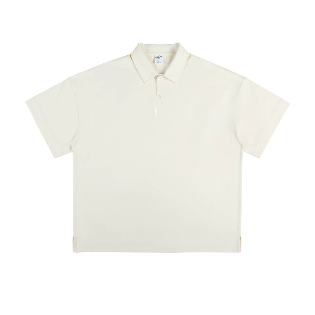 IDLT short sleeve polo, cream front.