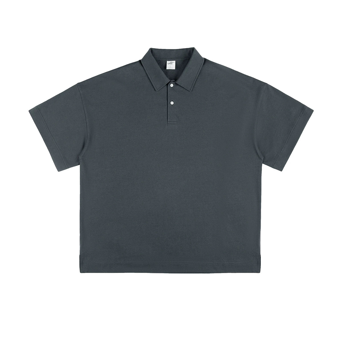 IDLT short sleeve polo, dark gray front.