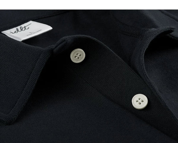 IDLT short sleeve polo, black open button placket.