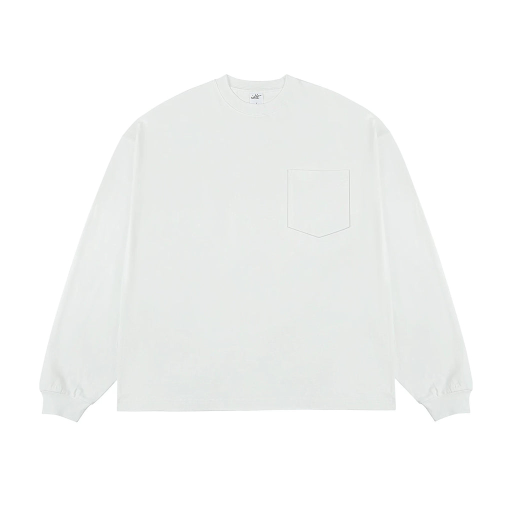 IDLT long sleeve pocket T-shirt, white front.