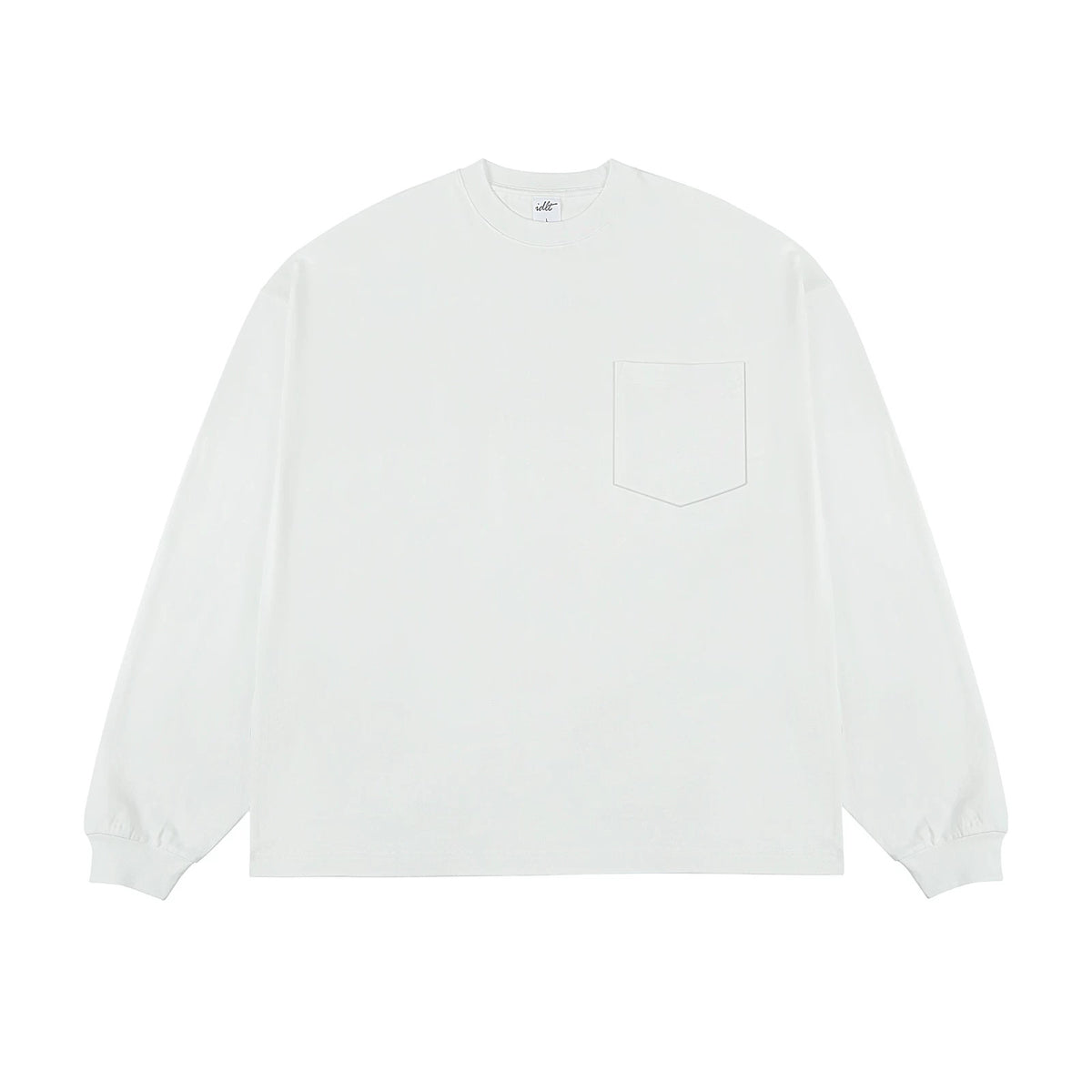 IDLT long sleeve pocket T-shirt, white front.