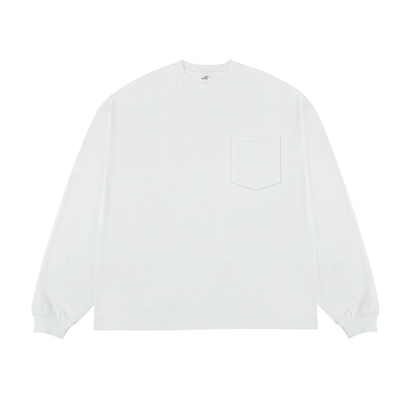 IDLT long sleeve pocket T-shirt, white front.