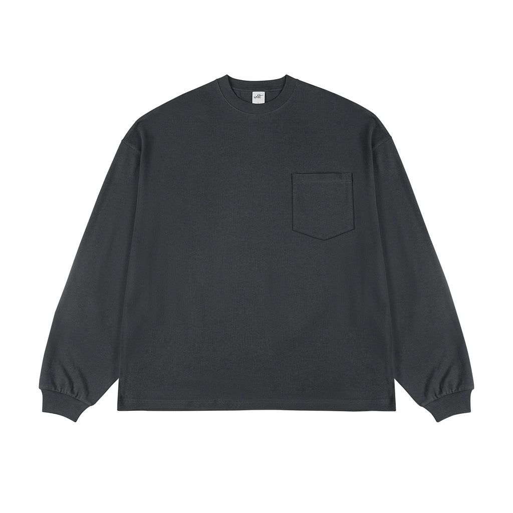 IDLT long sleeve pocket T-shirt, dark gray front.