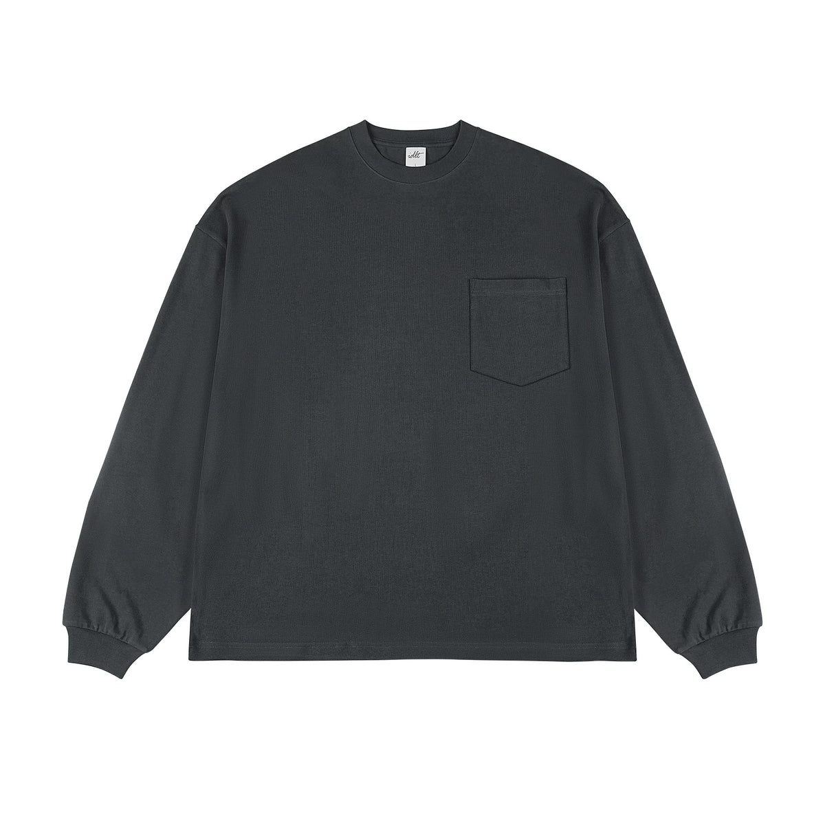 IDLT long sleeve pocket T-shirt, dark gray front.