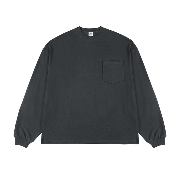 IDLT long sleeve pocket T-shirt, dark gray front.