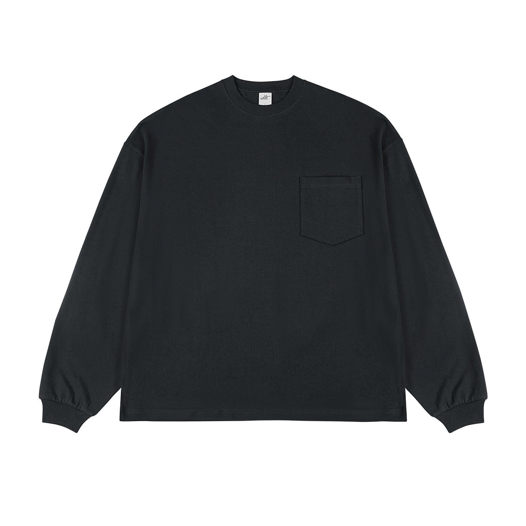 IDLT long sleeve pocket T-shirt, black front.