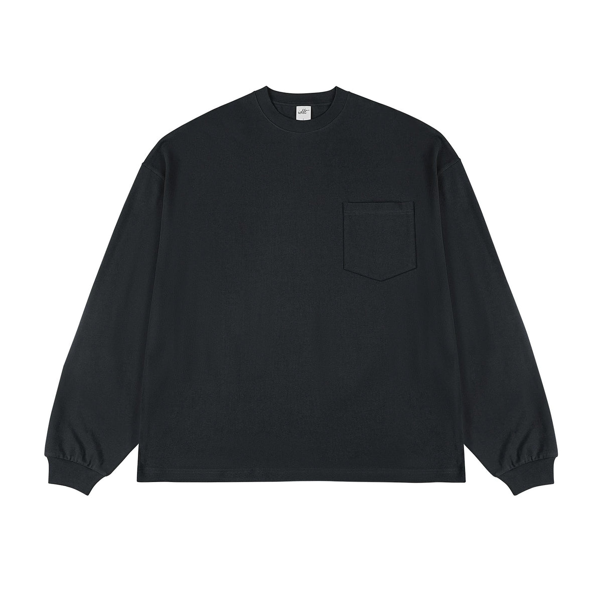 IDLT long sleeve pocket T-shirt, black front.