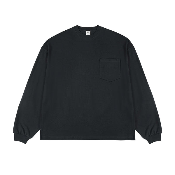 IDLT long sleeve pocket T-shirt, black front.