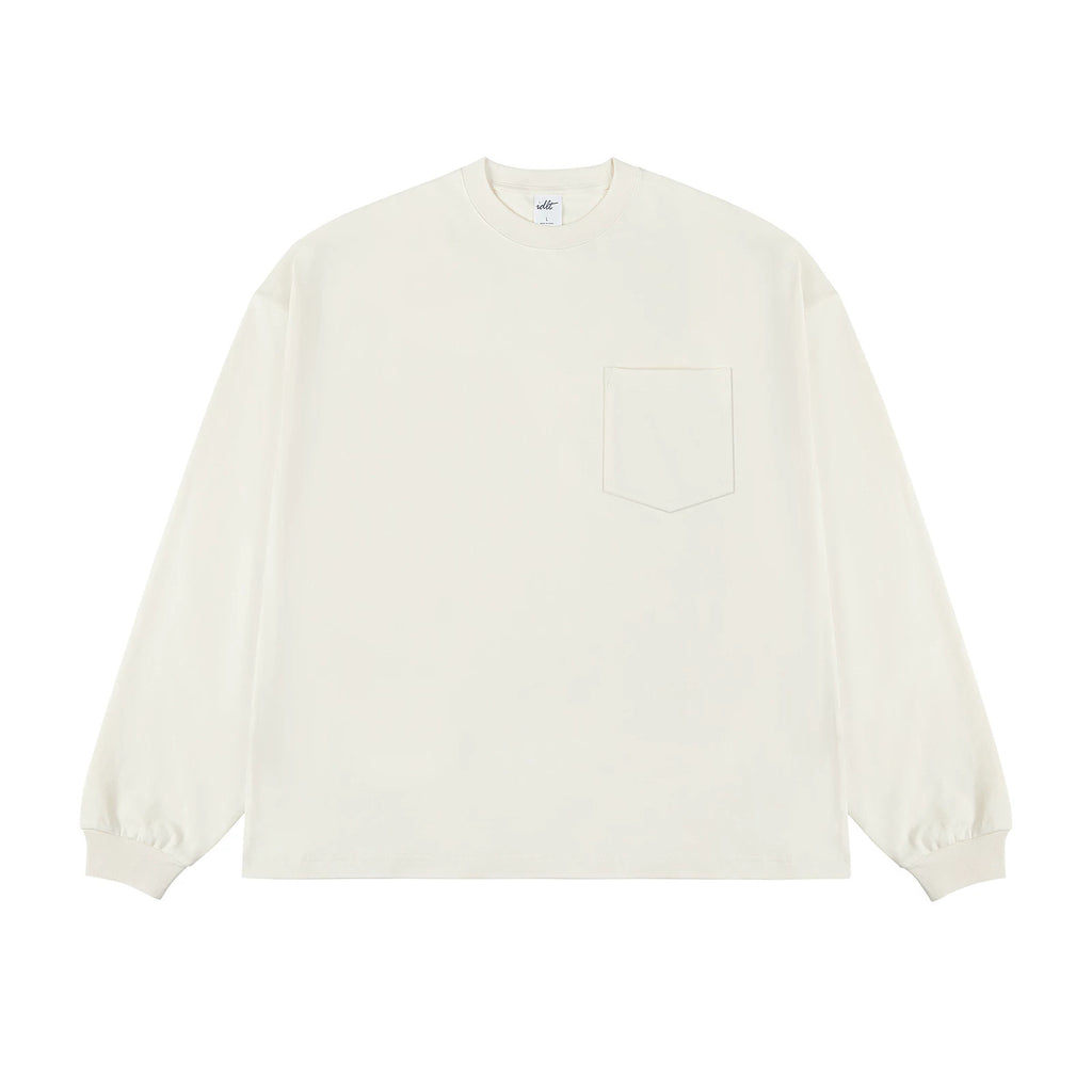 IDLT long sleeve pocket T-shirt, cream front.