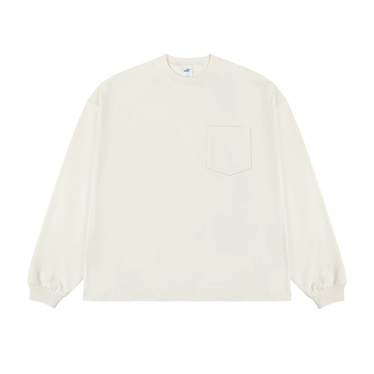 IDLT long sleeve pocket T-shirt, cream front.