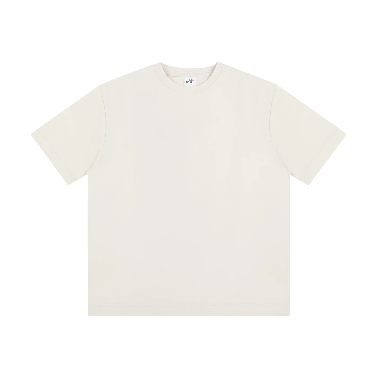 IDLT T-shirt, cream front.