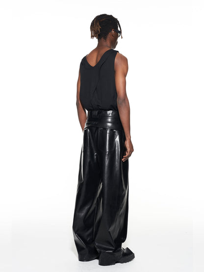 Pleated Straight Leg Leather Pants