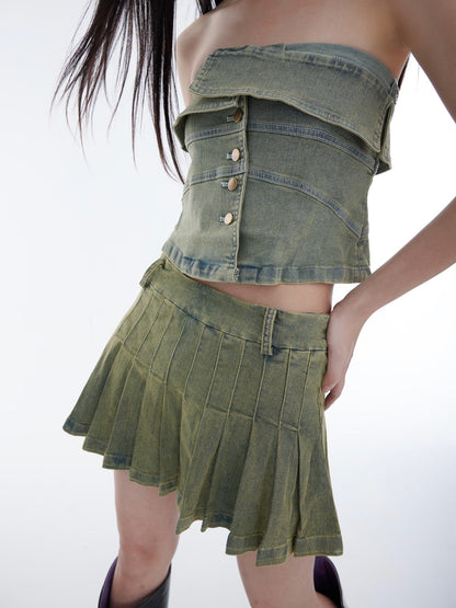 Denim Tube Top High Waist Pleated Skirt