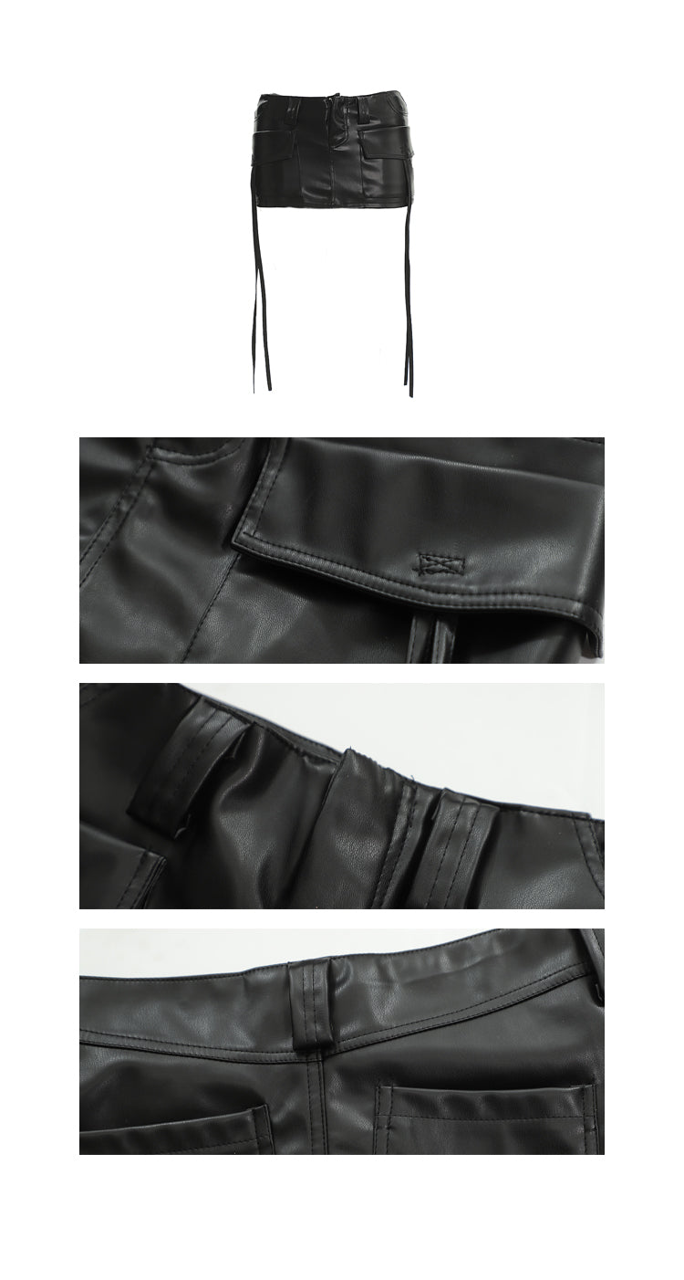 Leather Multi-Pocket Streamer Low-Rise Skirt