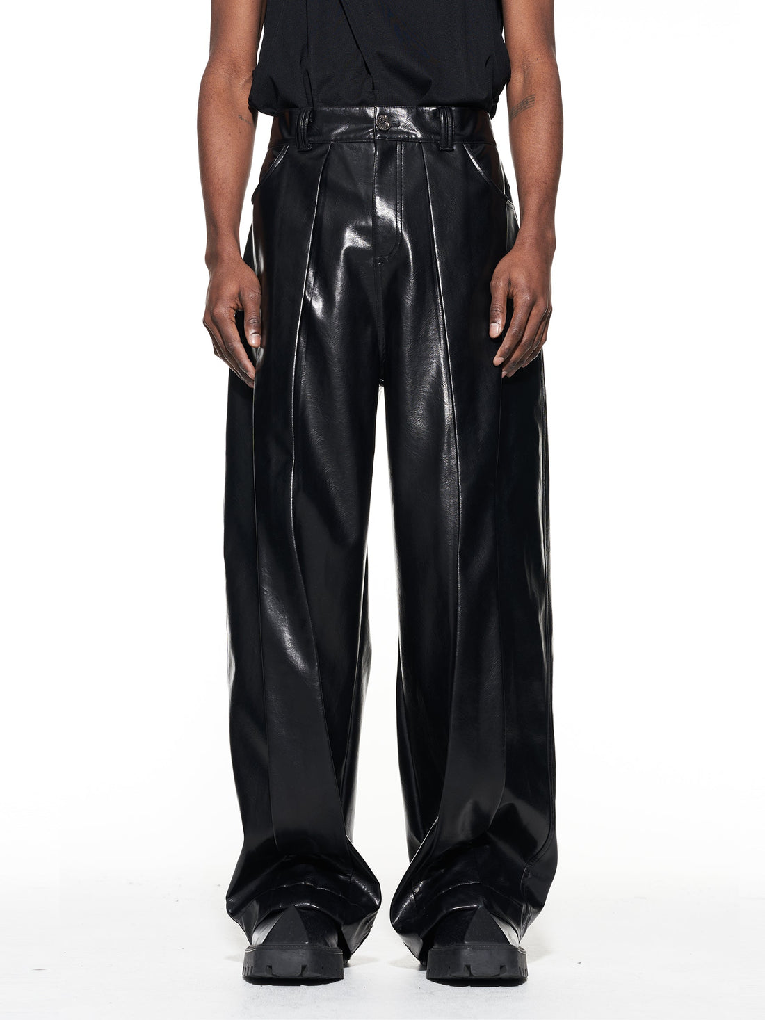 Pleated Straight Leg Leather Pants