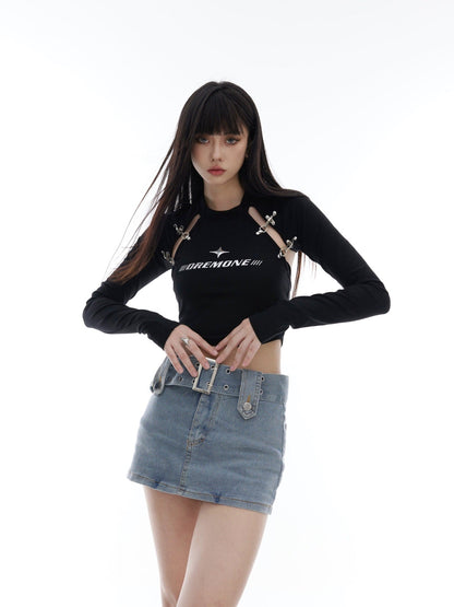 Airplane Buckle Hollow Long Sleeve Tee