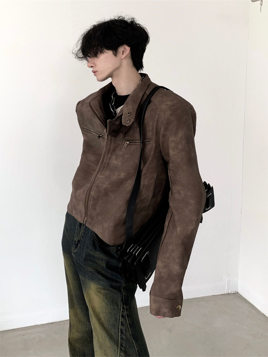 Brown Shoulder Pad Leather Jacket