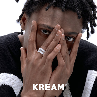 KREAM アイスアウト キューバンリンクリングホワイトゴールドメッキシルバー、ダイヤモンド付きキューバンリンクリング