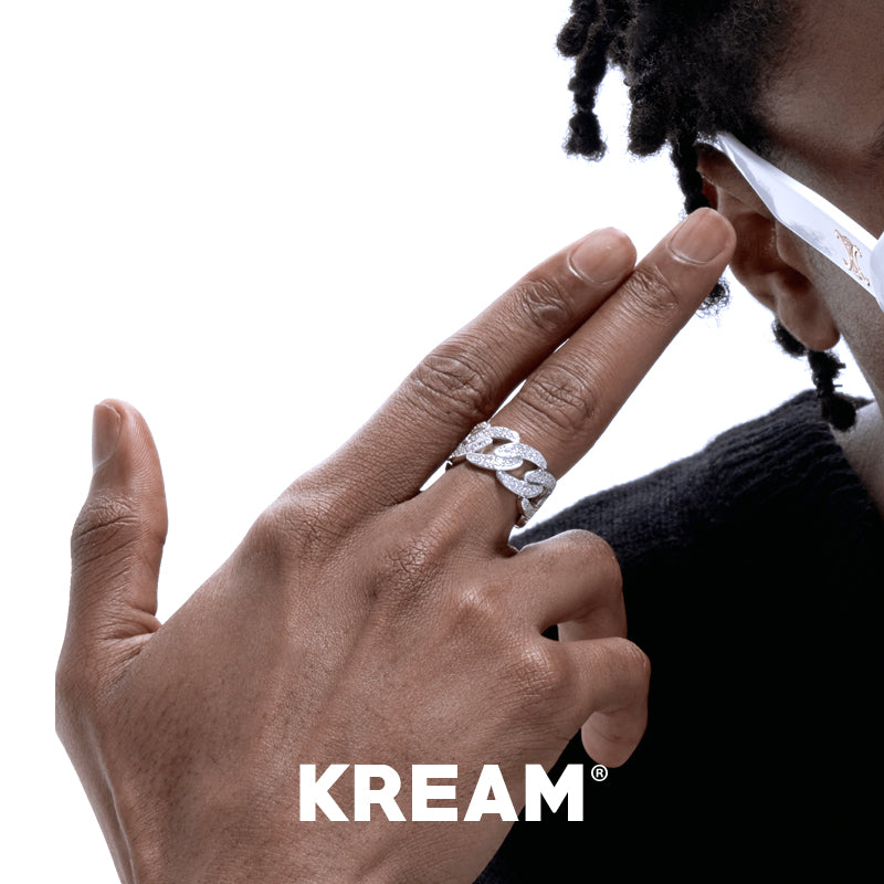 KREAM アイスアウト キューバンリンクリングホワイトゴールドメッキシルバー、ダイヤモンド付きキューバンリンクリング