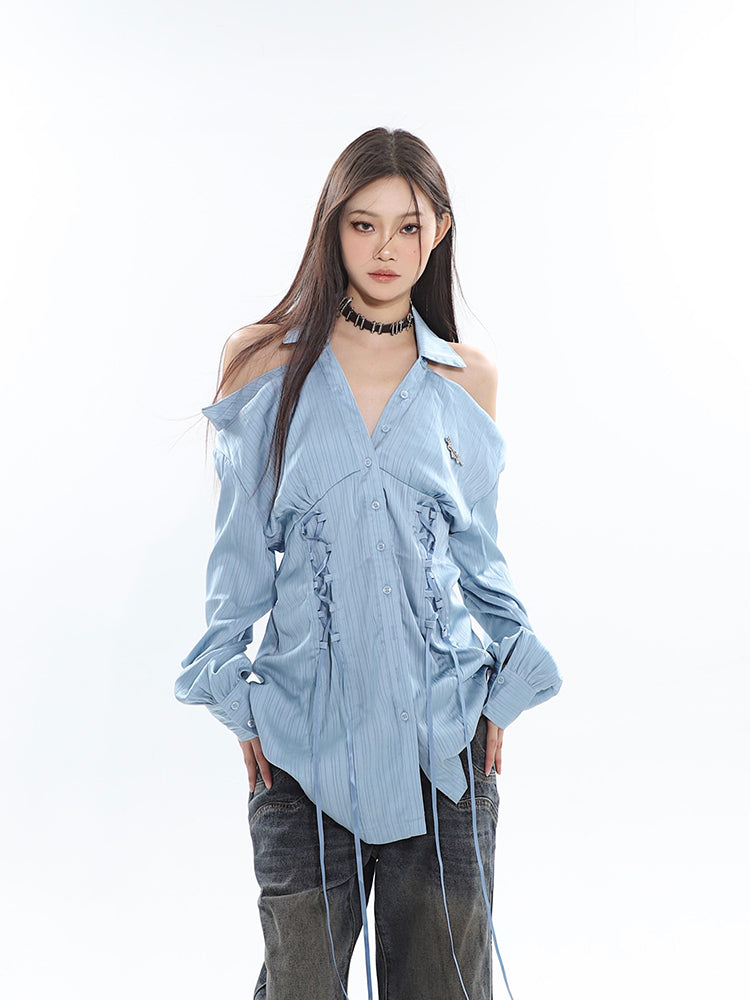 Pleated Off Shoulder Long Shirt