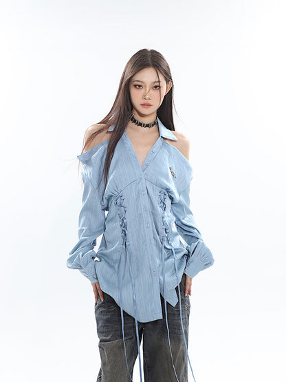 Pleated Off Shoulder Long Shirt