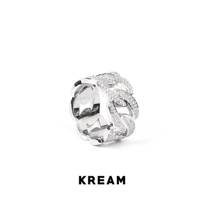 KREAM アイスアウト キューバンリンクリングホワイトゴールドメッキシルバー、ダイヤモンド付きキューバンリンクリング