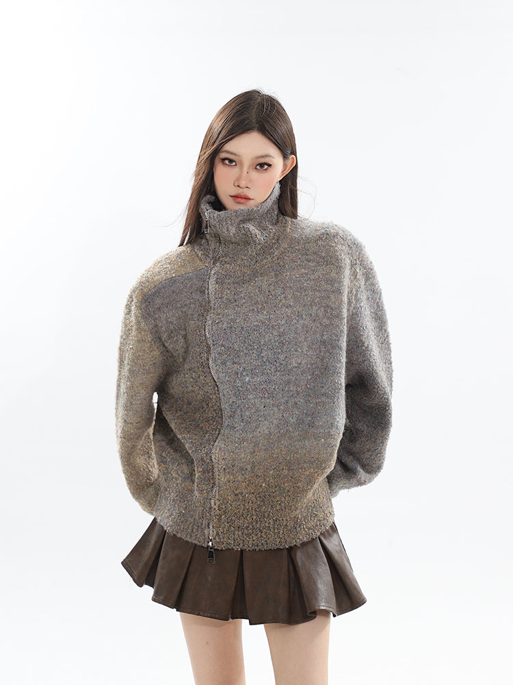 Gradient Turtleneck Diagonal Zip Sweater