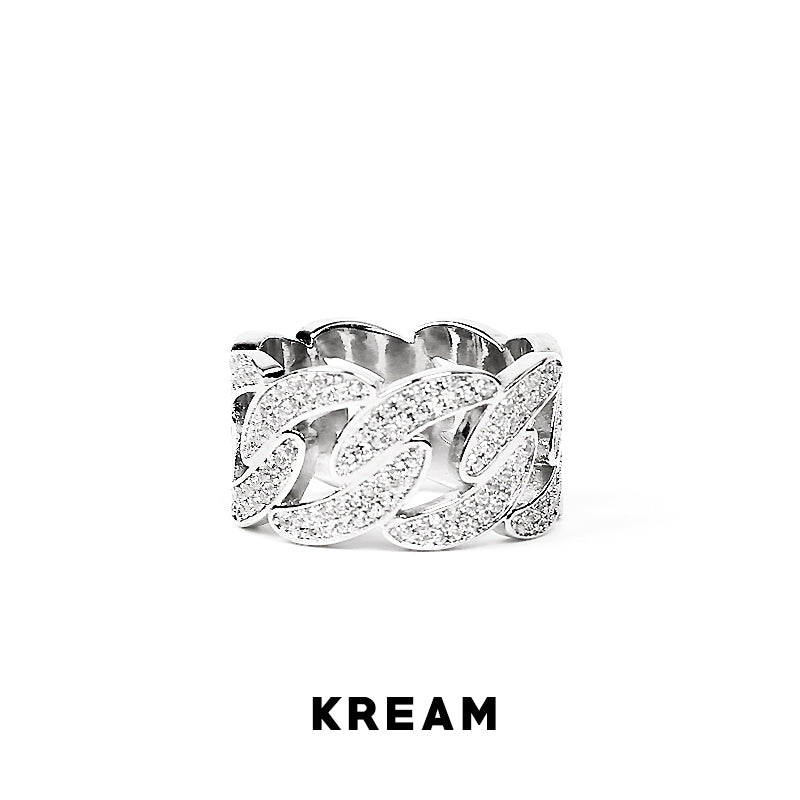 KREAM アイスアウト キューバンリンクリングホワイトゴールドメッキシルバー、ダイヤモンド付きキューバンリンクリング