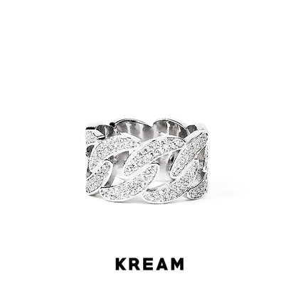 KREAM アイスアウト キューバンリンクリングホワイトゴールドメッキシルバー、ダイヤモンド付きキューバンリンクリング