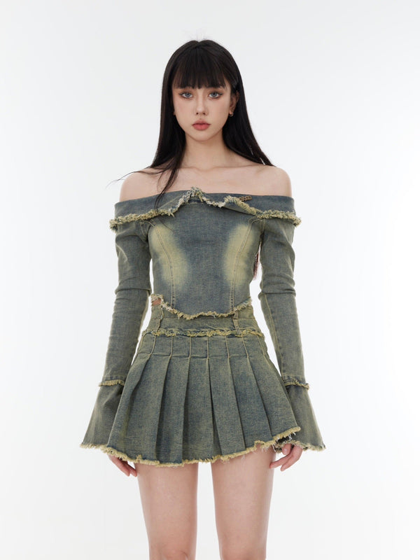 Denim Off - Shoulder Tops Pleated Skirt - COPPING THREADS - CT Select