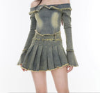 Denim Off - Shoulder Tops Pleated Skirt - COPPING THREADS - CT Select