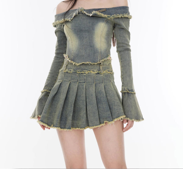 Denim Off - Shoulder Tops Pleated Skirt - COPPING THREADS - CT Select