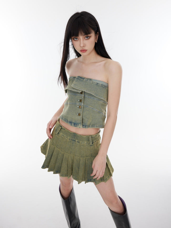 Denim Tube Top High Waist Pleated Skirt - COPPING THREADS - CT Select Hover Image