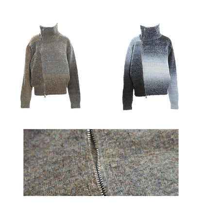 Gradient Turtleneck Diagonal Zip Sweater