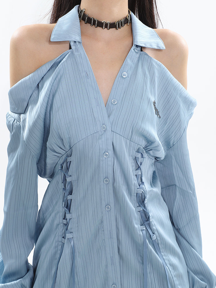 Pleated Off Shoulder Long Shirt