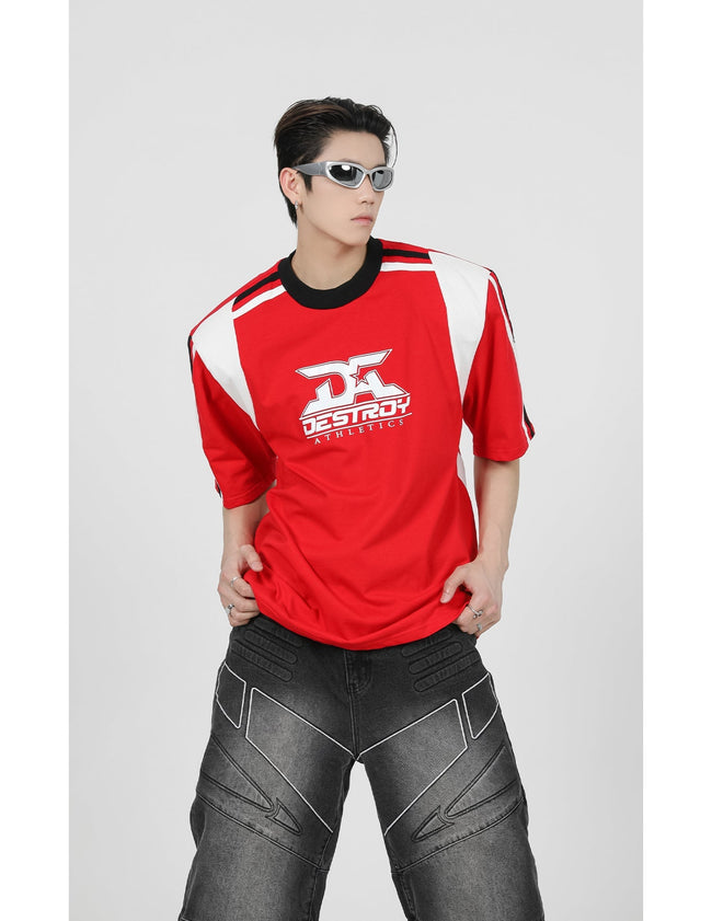 Striped Print Shoulder Pad Tee - COPPING THREADS - CT Select Hover Image